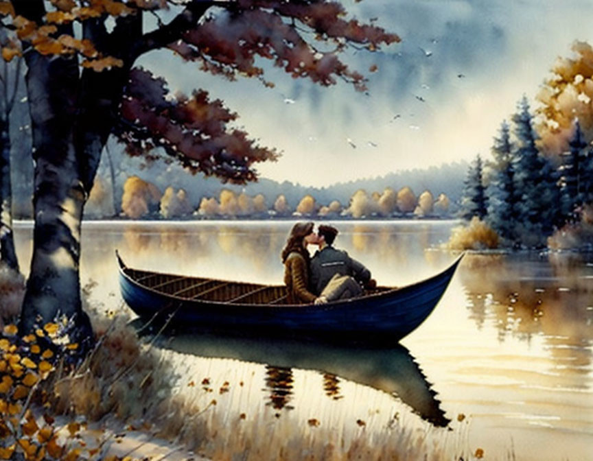 Couple enjoying canoe ride on peaceful autumn lake