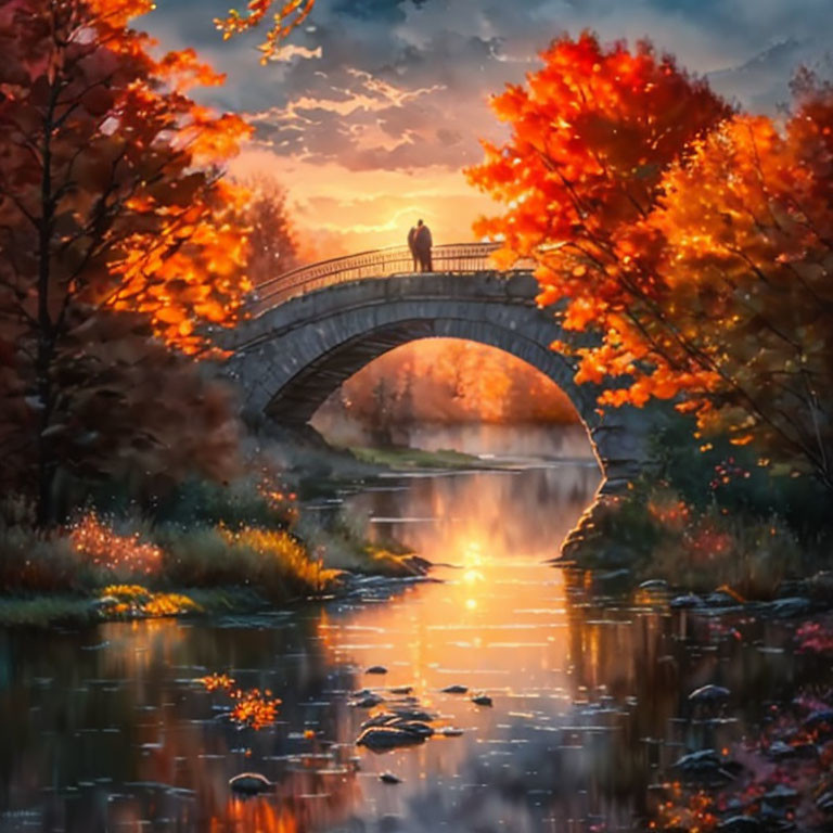 Vibrant autumn foliage and person on stone bridge at sunset