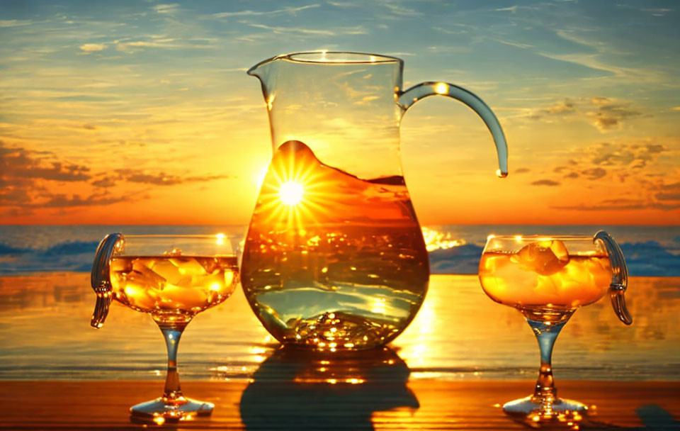 Pitcher and Glasses with Golden Liquid Silhouetted Against Ocean Sunset