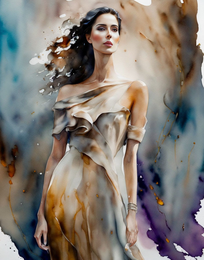 Elegant Woman in Off-Shoulder Dress with Watercolor Abstract Background