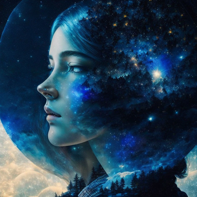 Ethereal woman's profile merges with cosmic backdrop