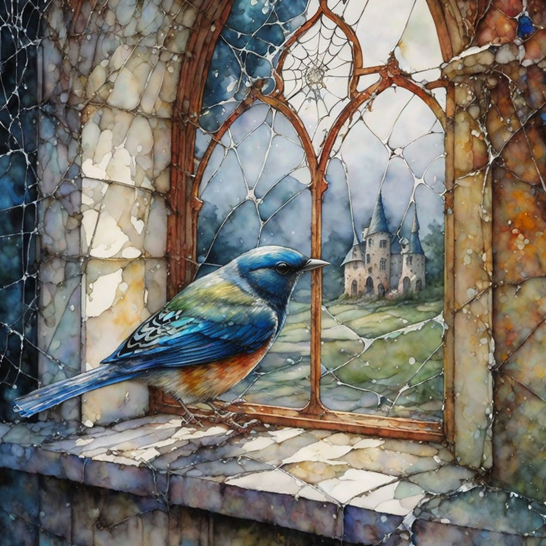 Blue bird perched on cracked stone windowsill overlooking distant castle in gothic landscape