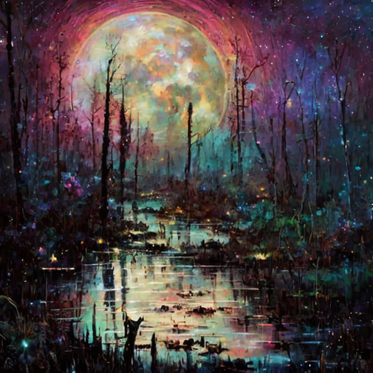 Mystical nighttime swamp painting with luminous moon and silhouetted trees