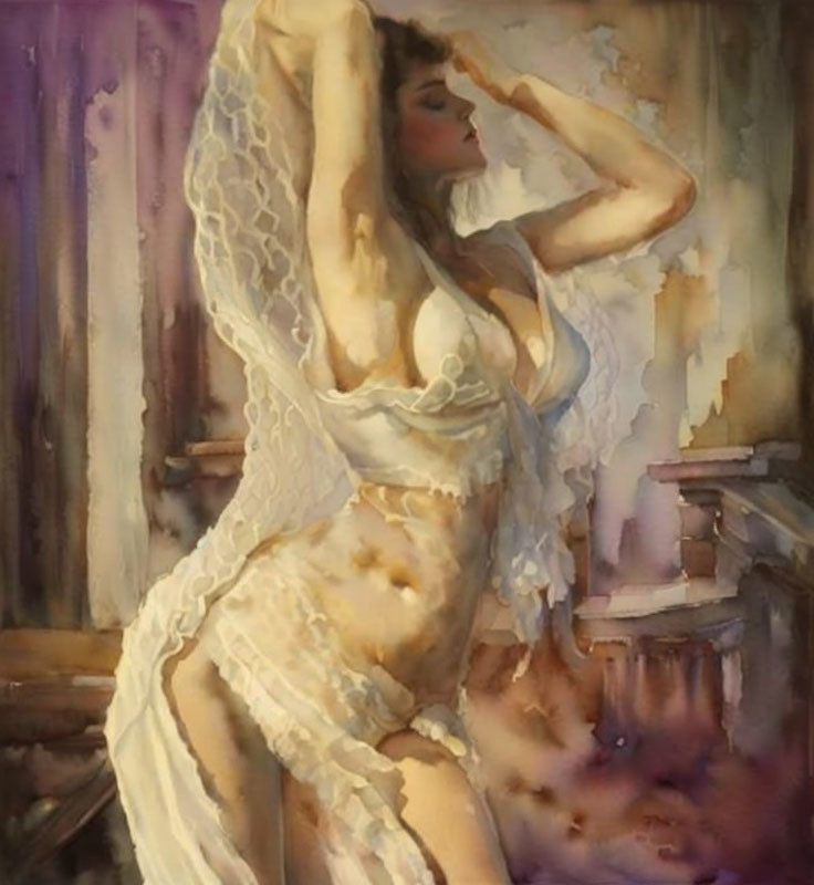 Impressionistic painting of woman in white lingerie and sheer robe