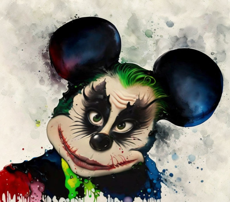 Iconic character fusion: Mickey Mouse with Joker makeup on watercolor background