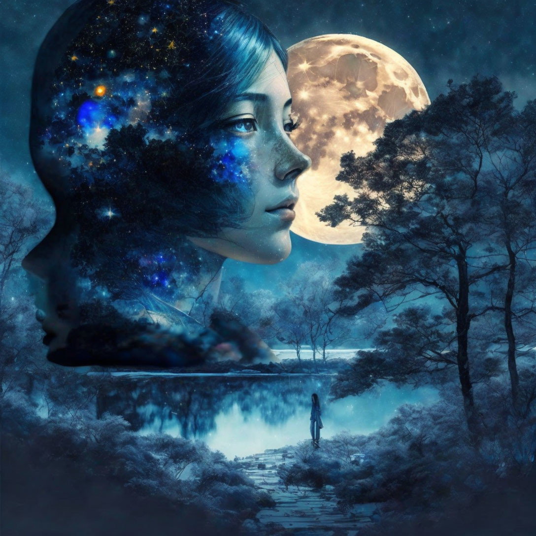 Surreal Woman's Profile with Cosmic Galaxy Hair in Night Scene