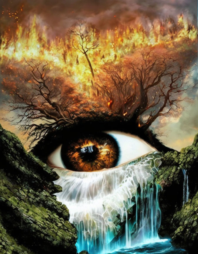 Human eye art with fiery forest and tranquil waterfall blend