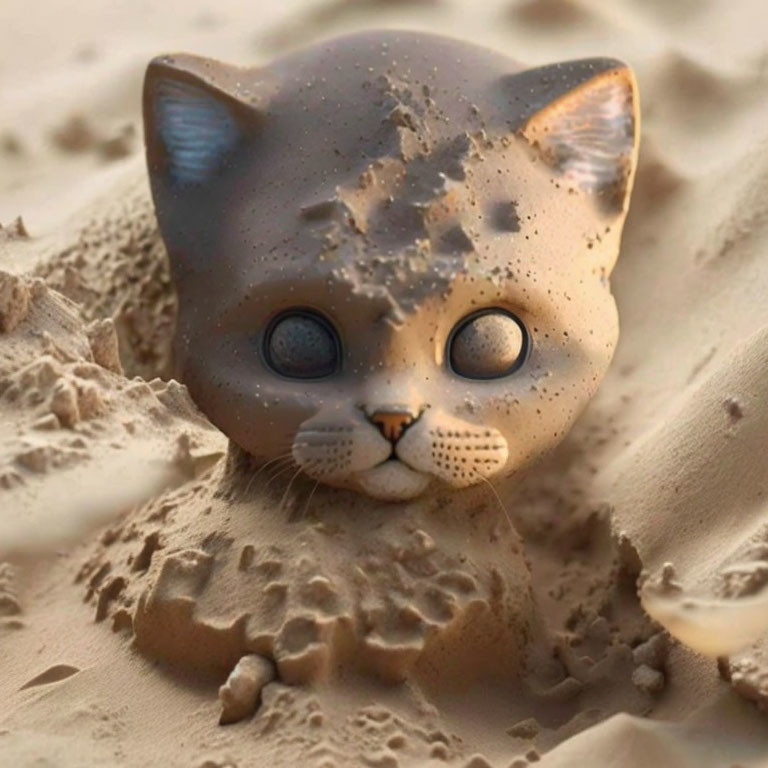 Realistic digital illustration of cat head emerging from sand with expressive eyes.