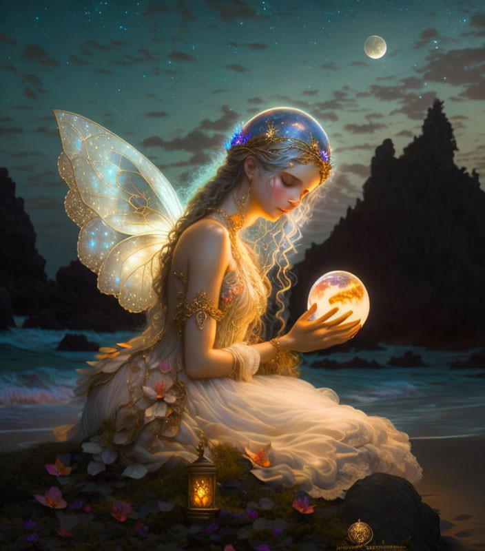 Glowing winged fairy with orb on moonlit beach