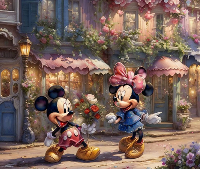 Cartoon characters strolling down charming street with cobblestones and floral buildings.