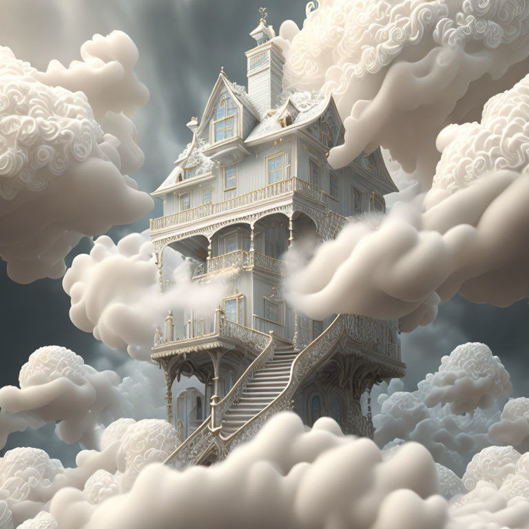 Victorian-style house in clouds with intricate details & multiple staircases