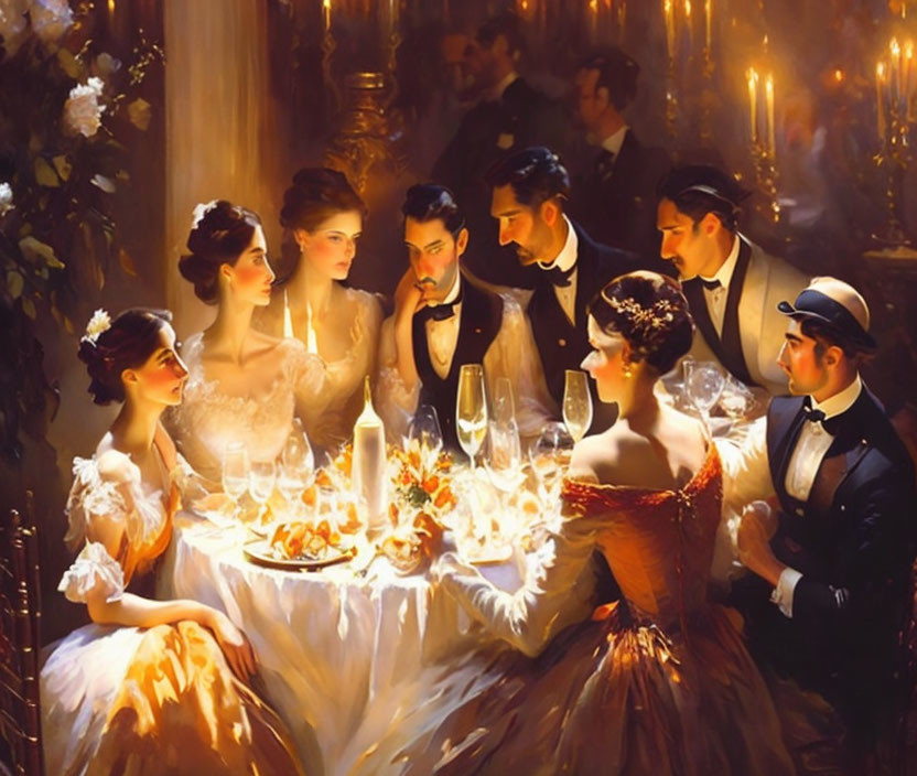 Elegantly dressed group at candlelit dinner table