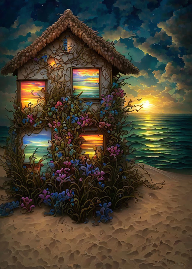 Cozy seaside cottage at sunset with vibrant flowers and starry sky