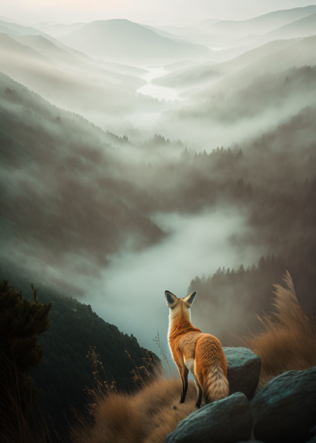 Fox standing on rocks overlooking misty valley with rolling hills