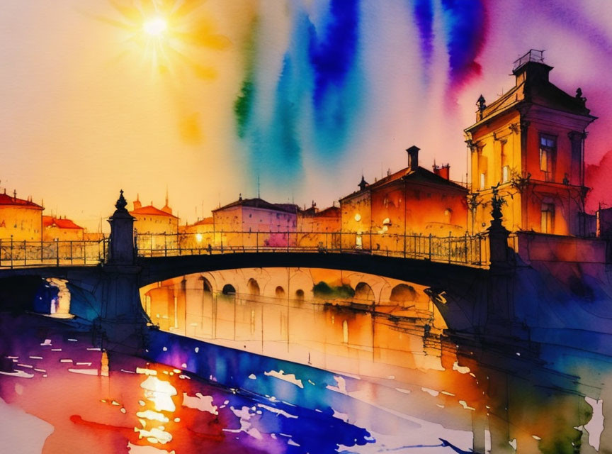 Colorful Watercolor Painting: Ornate Bridge, River, Buildings, Sunset Reflections