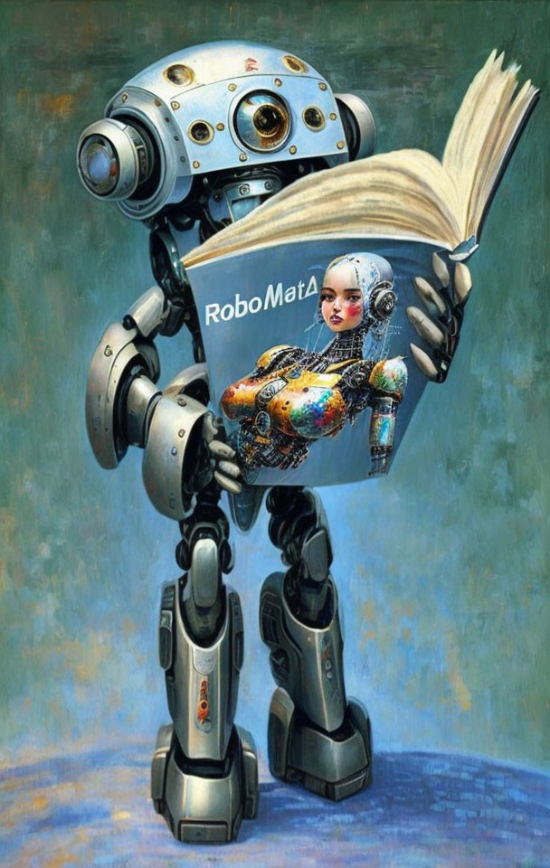 Humanoid robot reading "RoboMata" book with intricate designs and smaller robotic figure on arm