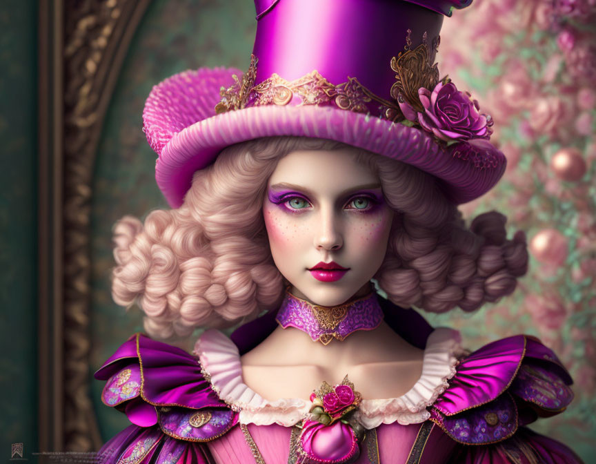 Victorian-themed digital portrait of a woman in pink-and-purple attire