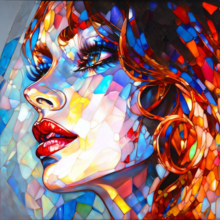 Colorful mosaic artwork of a woman's face with multicolored glass pieces