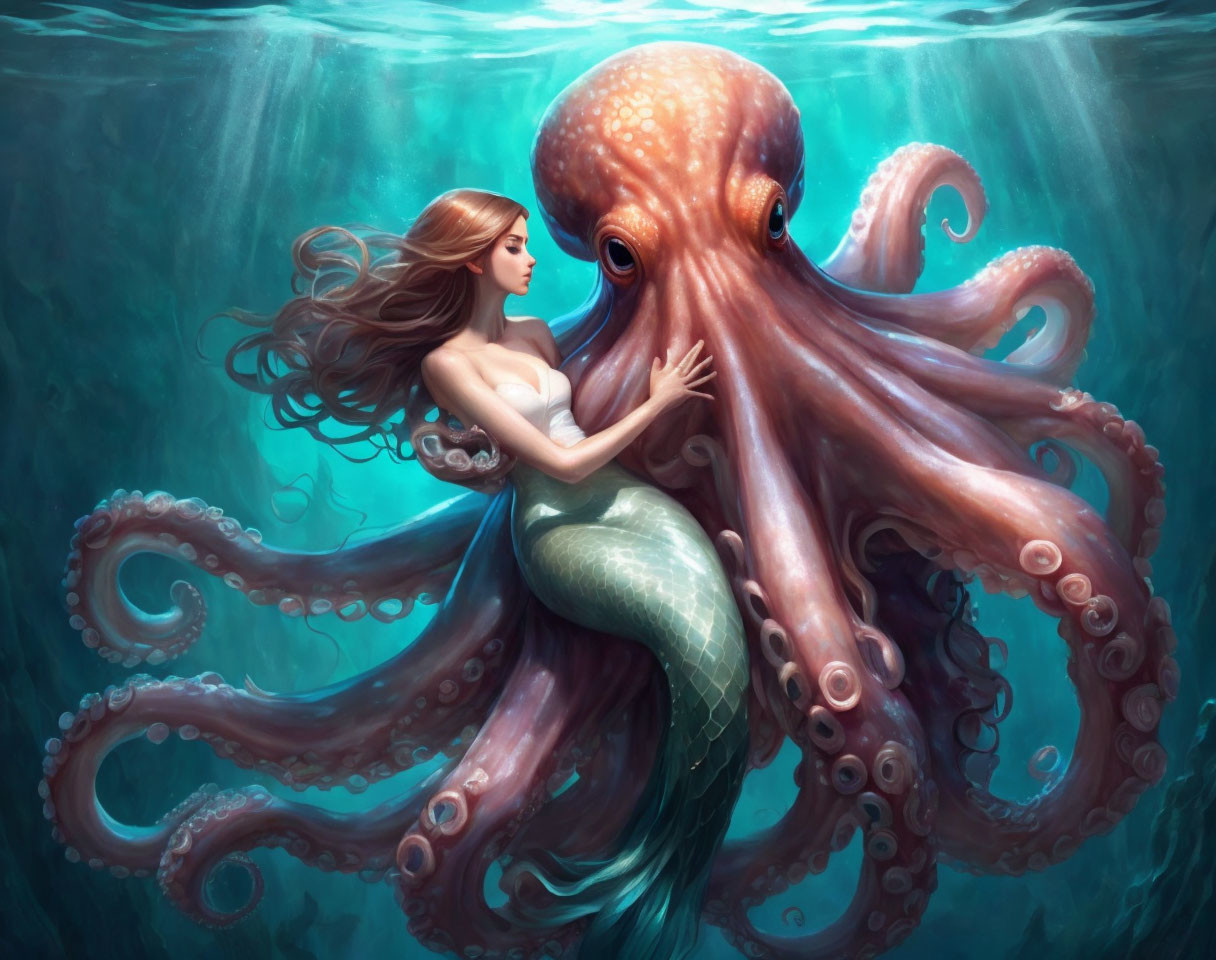 Mermaid embracing octopus in luminous blue sea