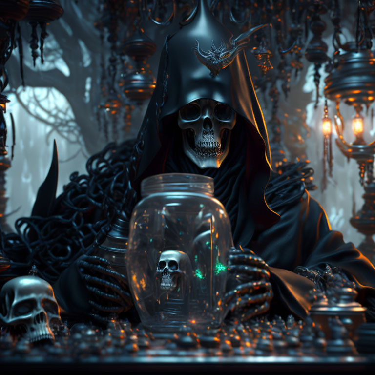 Skull-faced cloaked figure with candles and glowing jar at dark table