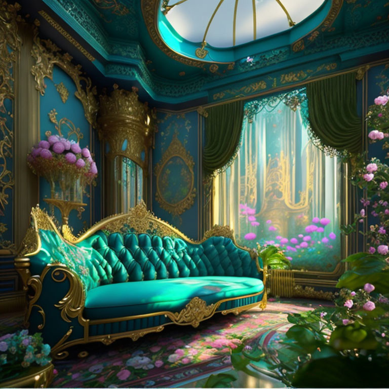 Luxurious Room with Turquoise Chaise Lounge, Golden Trim, Lush Plants, and Ornate