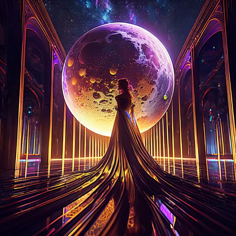 Silhouette of person in flowing gown under neon moon in cathedral-like space