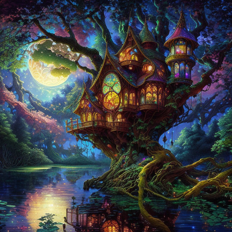 Glowing windows treehouse in mystical forest with full moon