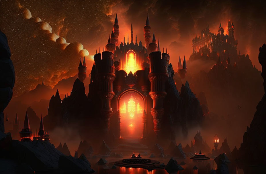 Dark Fantasy Castle with Spires in Fiery Sky and Glowing Lava River