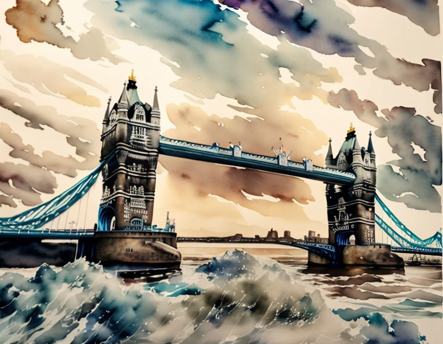 Tower Bridge in London with dramatic sky and choppy river - watercolor illustration