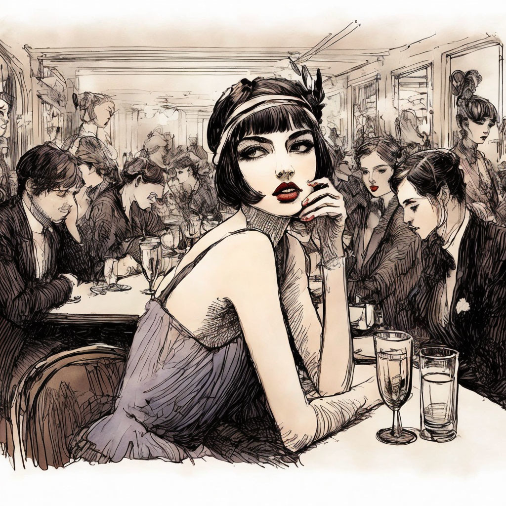 Stylized 1920s woman at cafe table with wine glasses