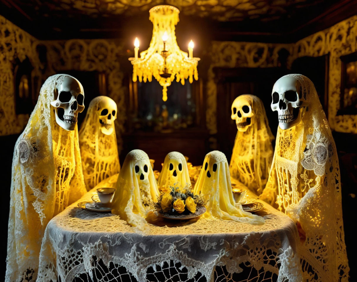 Skull-headed figures in lace tablecloths at dim vintage room table