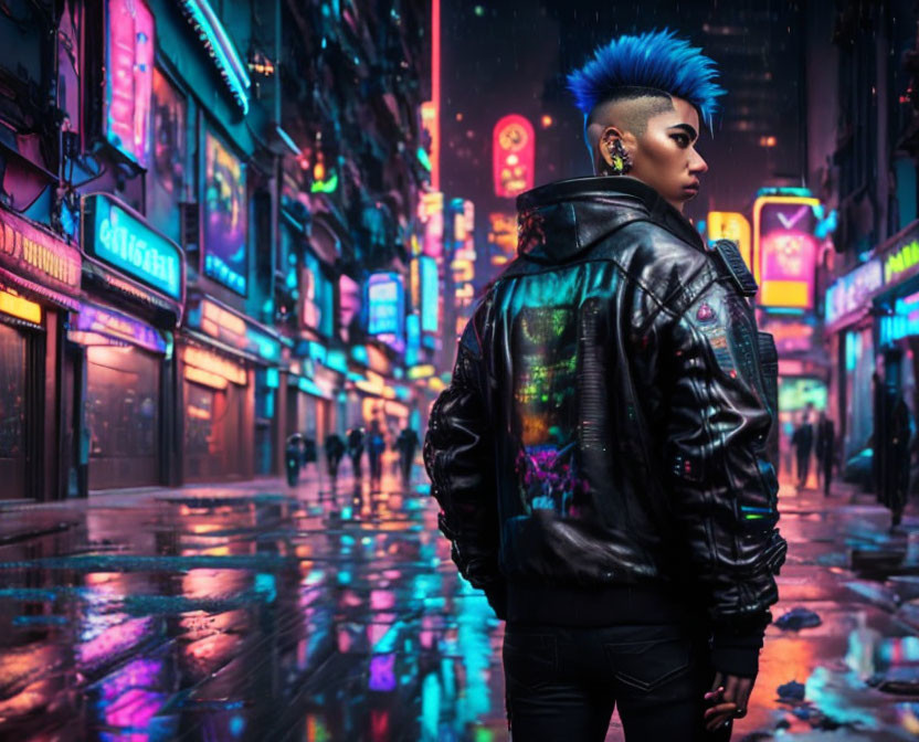 Blue Mohawk Person in Neon-Lit Rainy Street at Night