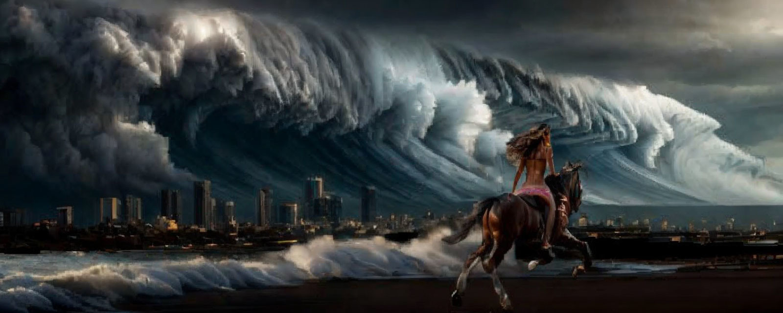 Horseback rider fleeing colossal wave near coastal city