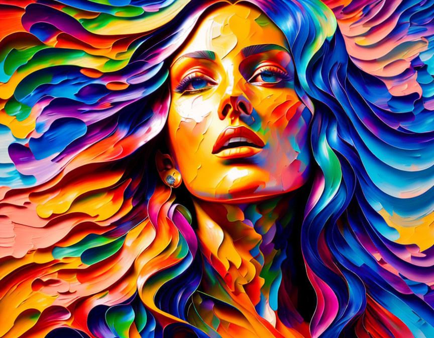 Vibrant digital artwork: Woman with flowing hair in colorful spectrum.