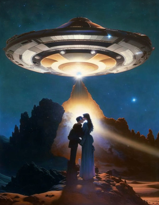 Couple embracing under night sky with UFO beam on rugged terrain