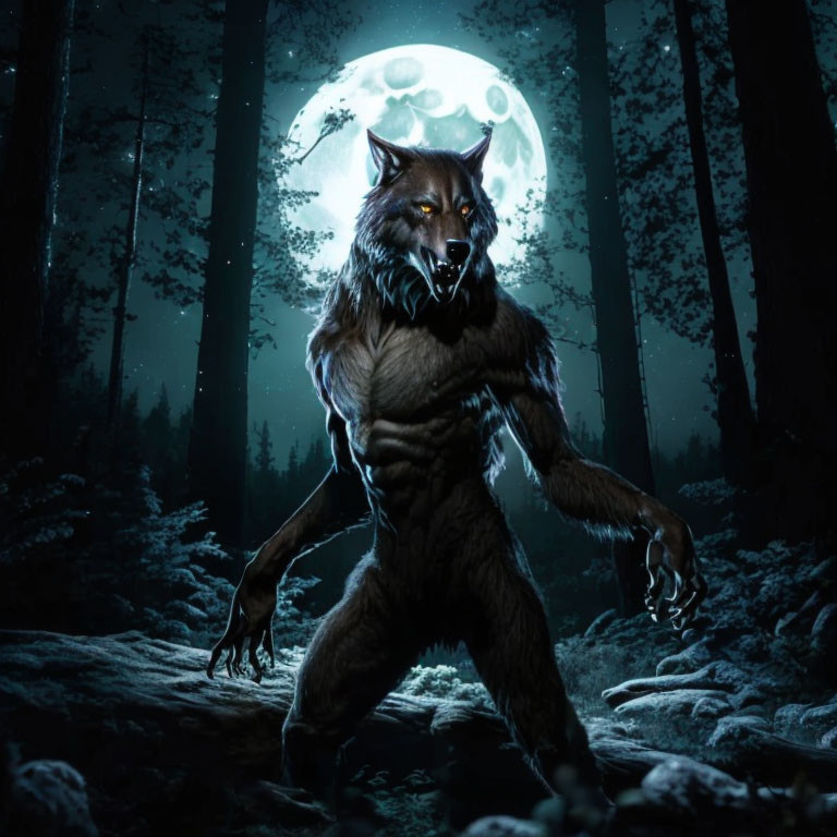 Menacing werewolf in moonlit forest at full moon