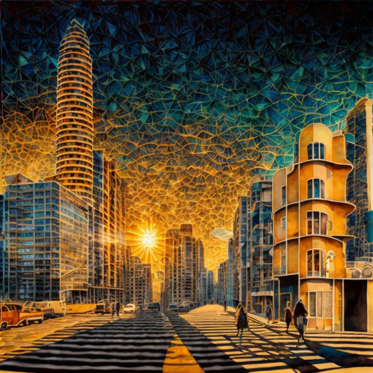 Vibrant urban sunset scene with dynamic architecture and elongated shadows