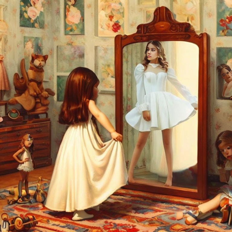 Young girl in flowing dress gazes at reflection of grown woman among toys and dolls