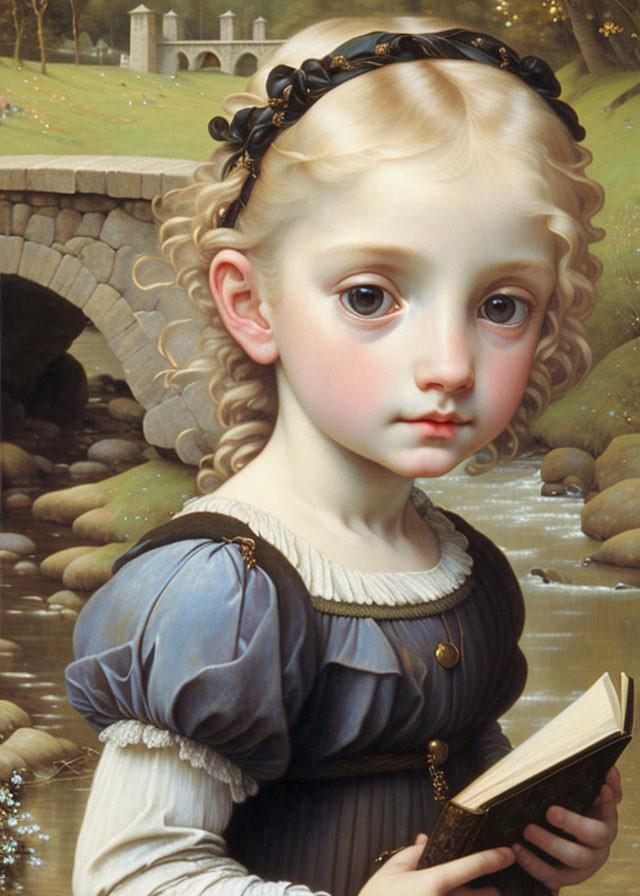 Blonde girl in blue dress with book by bridge and stream