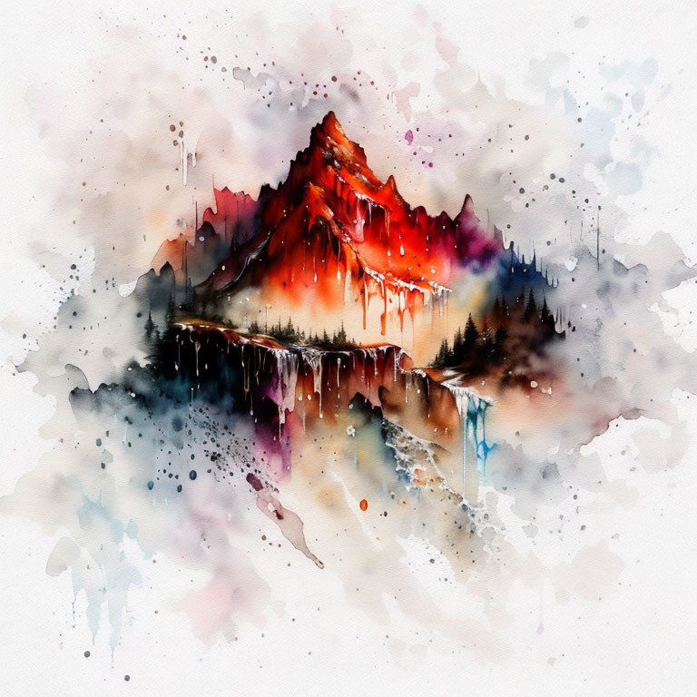 Vivid watercolor painting: Fiery mountain peak reflected in tranquil water