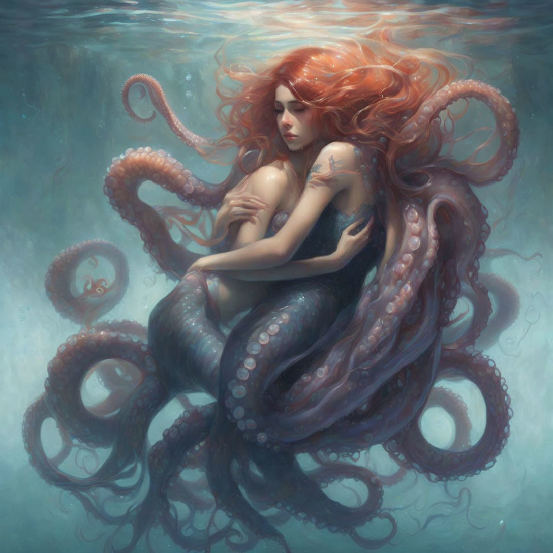 Red-haired woman embraced by octopus tentacles in serene underwater scene