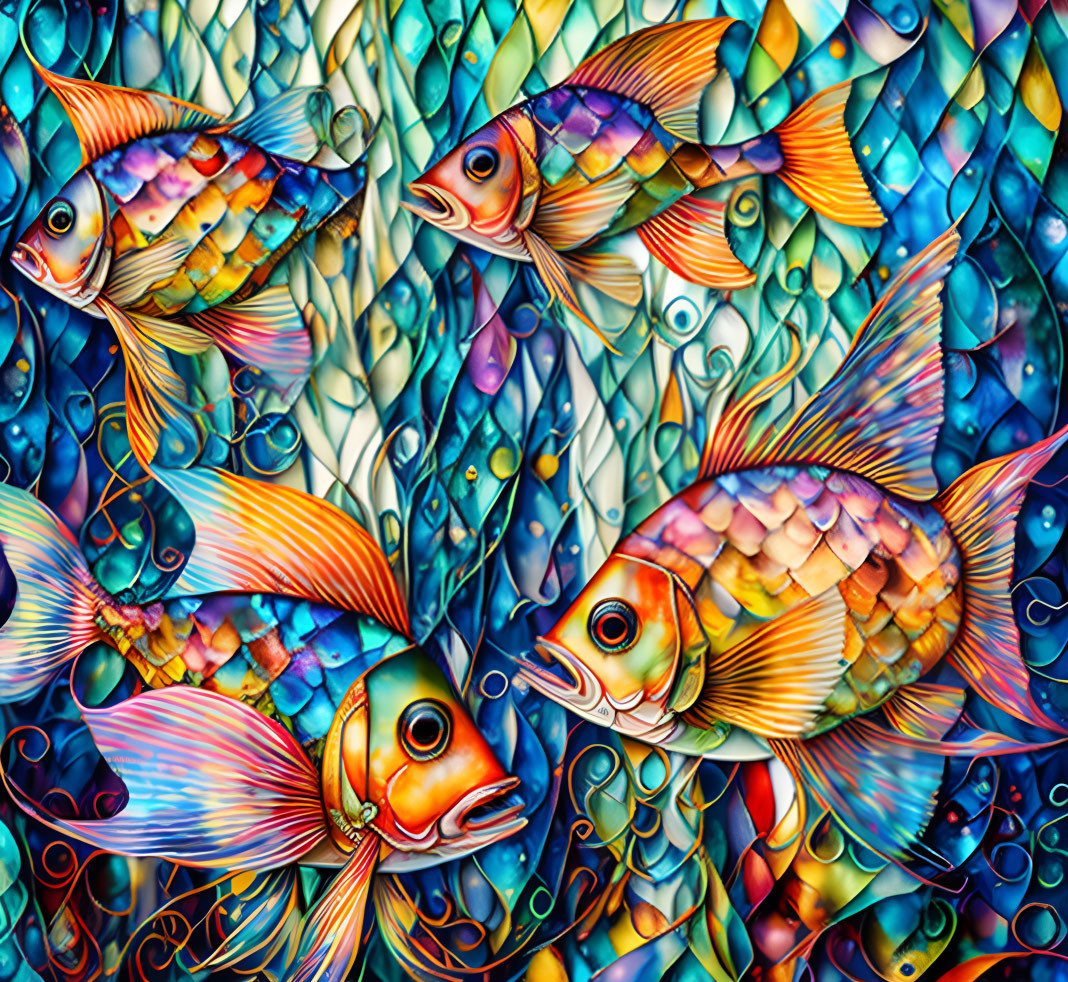 Colorful Stylized Fish Among Abstract Aquatic Shapes in Whimsical Scene