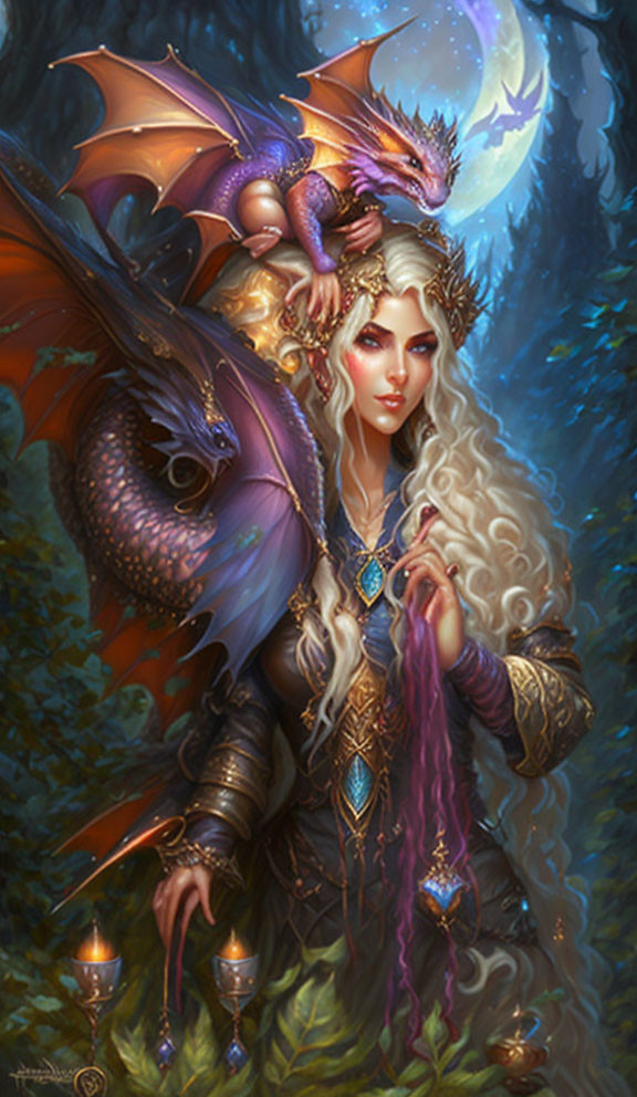 Enchanting Elven Woman and Purple Dragon in Enchanted Forest