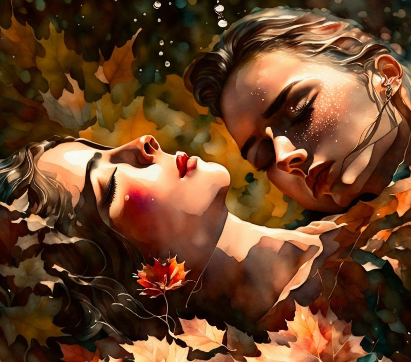 Two people lying among autumn leaves with serene expressions and a red leaf on a cheek