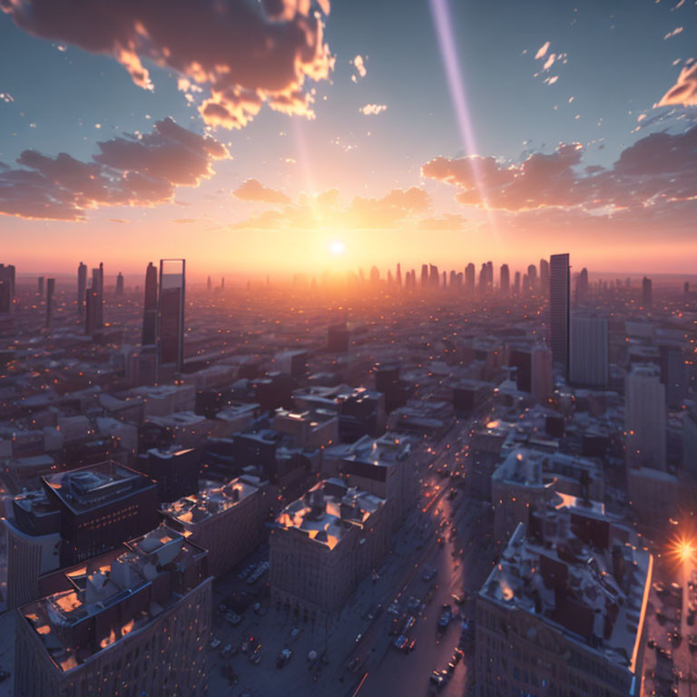 Urban skyline at dusk with sunlight through clouds casting orange glow and lens flare.