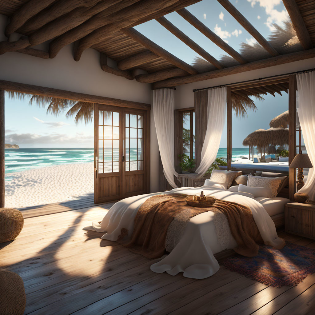 Luxurious beachfront bedroom with open wall concept and ocean view