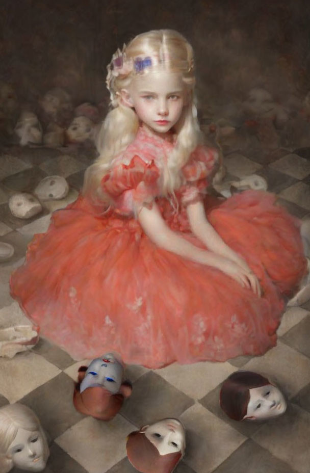 Young girl in coral pink dress surrounded by masks in moody setting