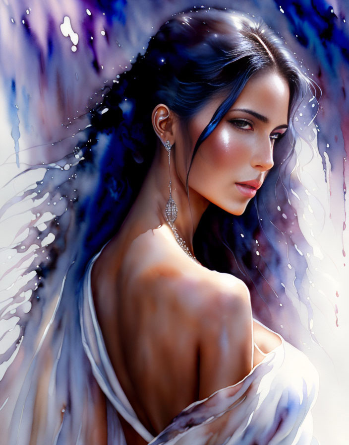 Dark-haired woman in over-the-shoulder gaze against cosmic background with blues and purples