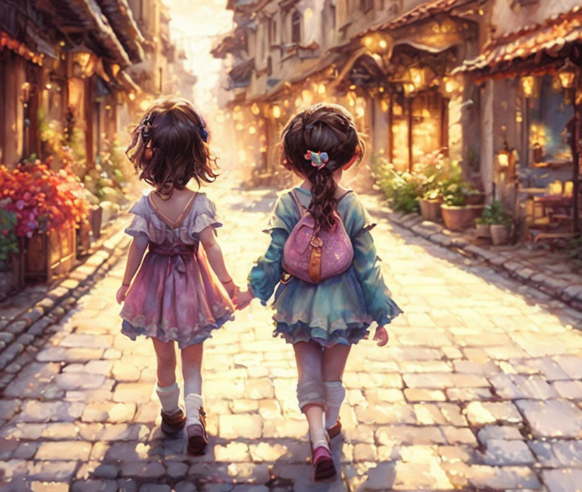 Young girls walking hand in hand on cobblestone street with charming houses and flowers