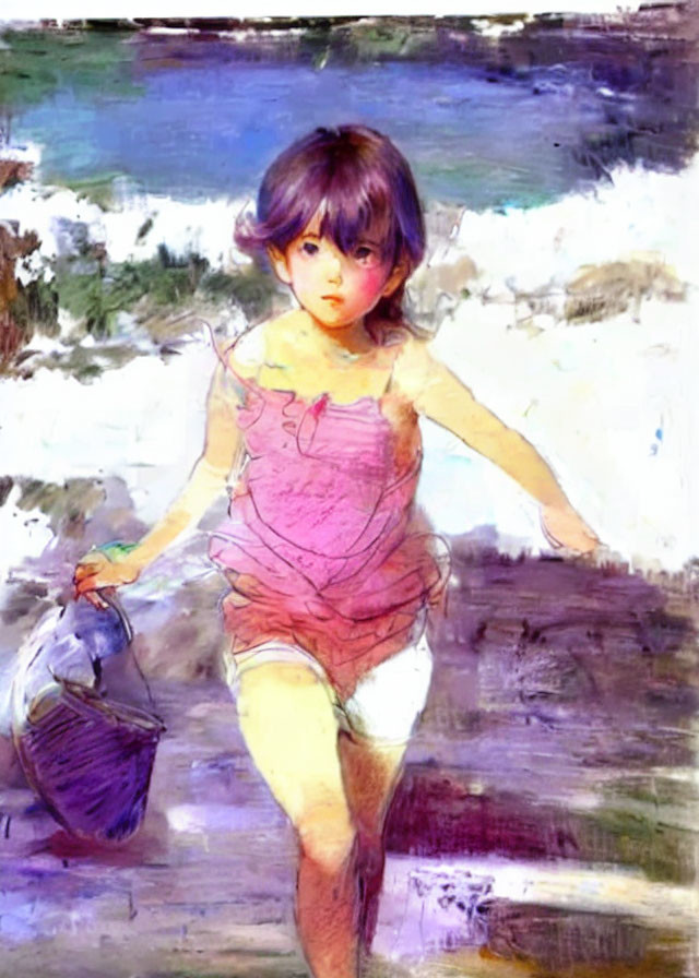 Colorful painting of child in pink attire with dark hair holding purple object